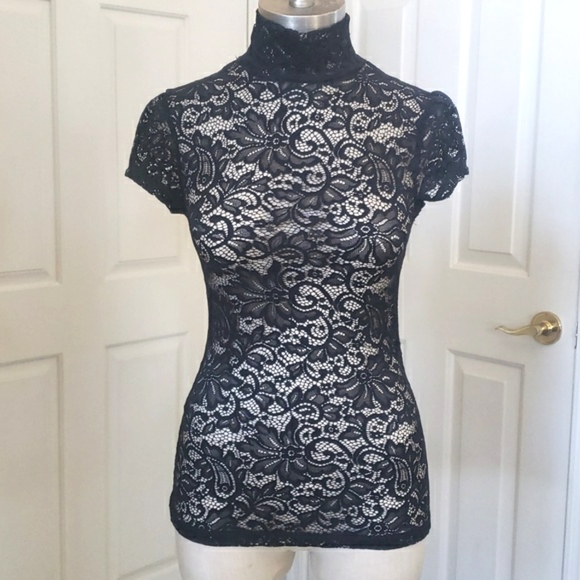 Vintage 90s Y2k EXPRESS Sheer Black Lace Top Cutout Back Mock Neck - Picture 4 of 13